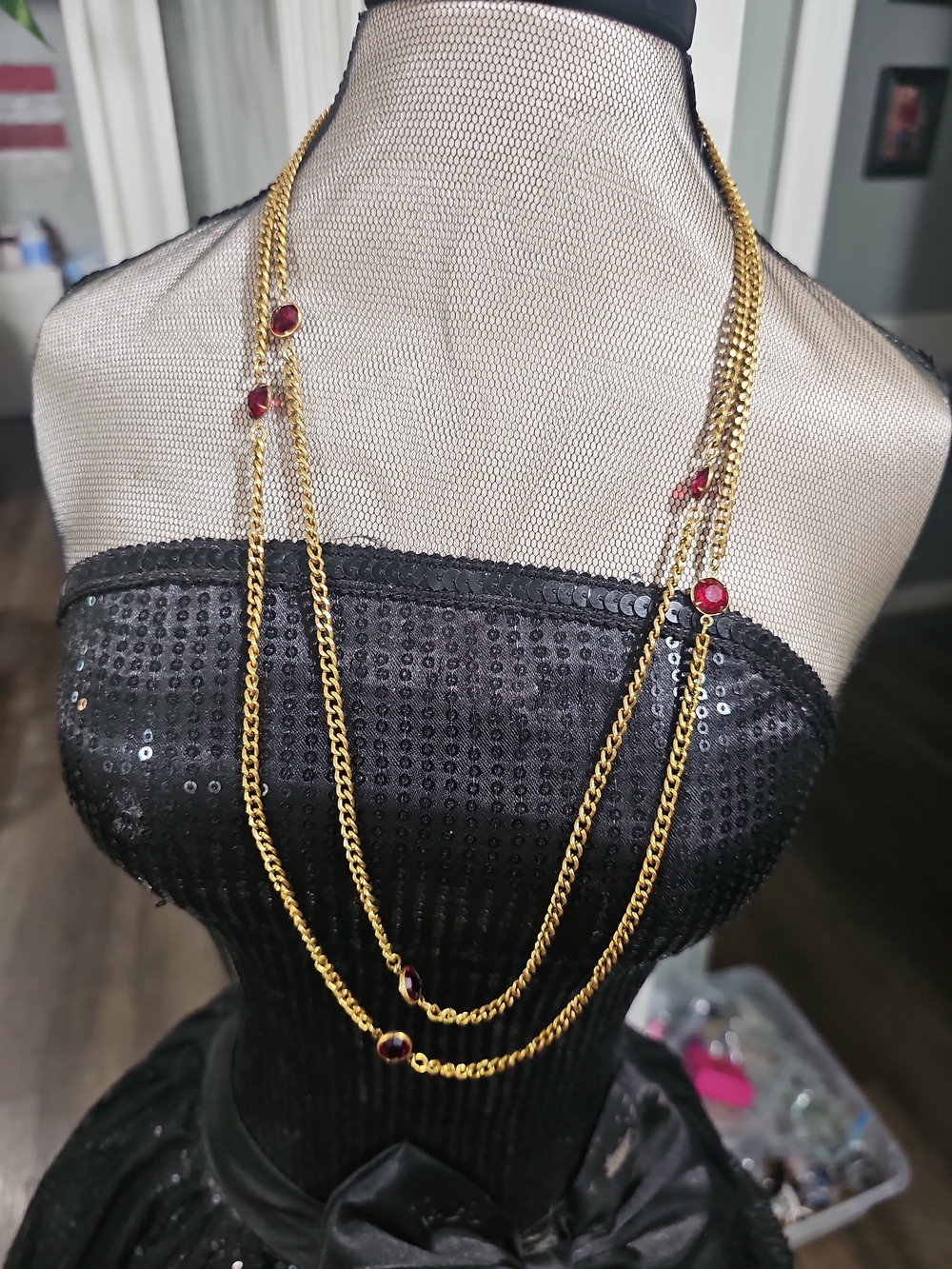 Gold Multi-Strand Necklace with Red Gem Accents 36 inches